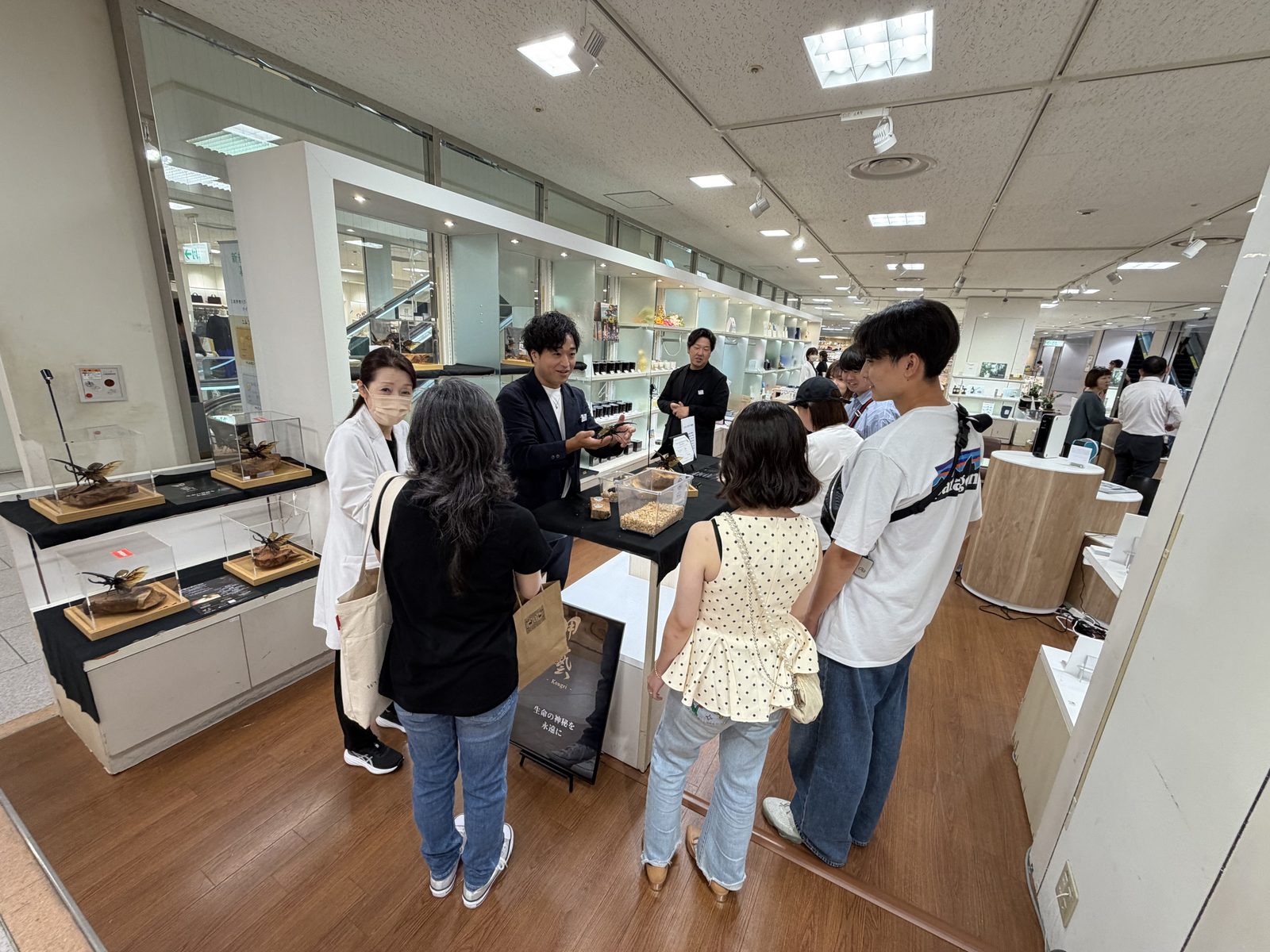 生体のヘラクレスオオカブトを手に説明する様子。周りに来場者が集まっている